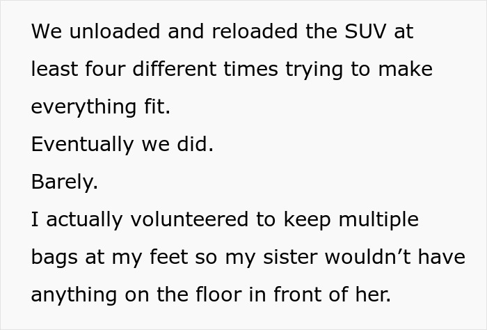 A screenshot from a story about a woman turning her car around mid-trip due to sister's unexpected reaction and family drama, showing text about difficulties fitting luggage in the SUV. A screenshot from a story about a woman turning her car around mid-trip due to sister's unexpected reaction and family drama, showing text about difficulties fitting luggage in the SUV.
