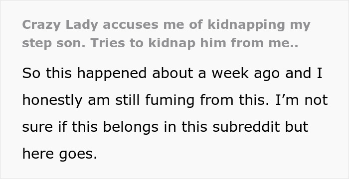 Screenshot of text about a Karen accusing a man of trying to kidnap his own stepson. Screenshot of text about a Karen accusing a man of trying to kidnap his own stepson.
