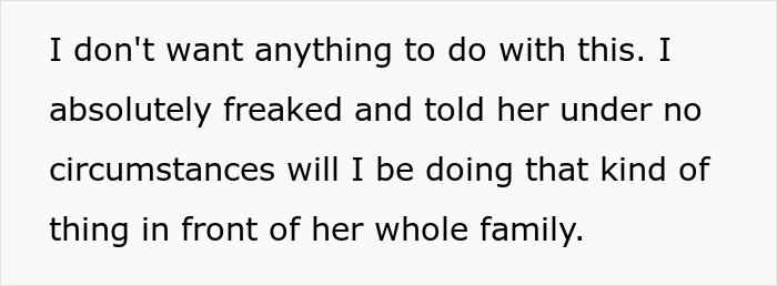 Text snippet: Groom tells his bride absolutely not to her family's wedding night bed sheet expectation.