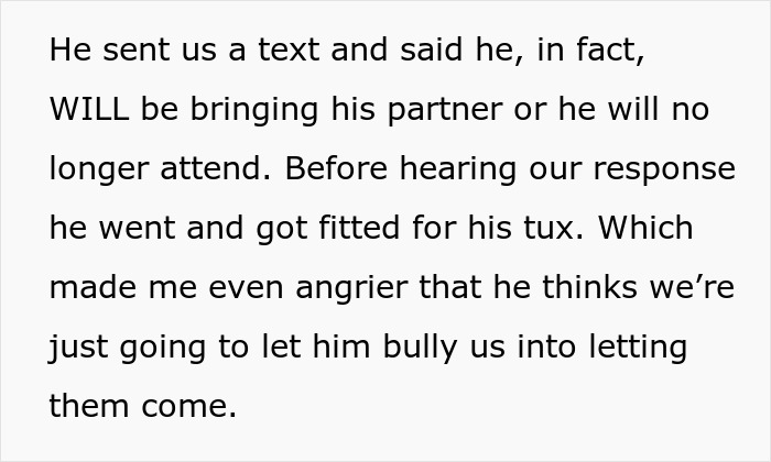 Screenshot of text detailing a groomsman's ultimatum about bringing his toxic GF to the wedding. Screenshot of text detailing a groomsman's ultimatum about bringing his toxic GF to the wedding.