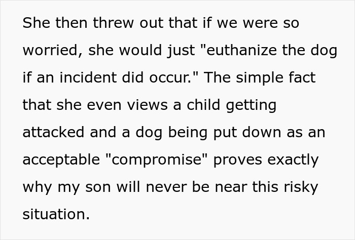 Screenshot of text about delusional mom threatening to sue daughter because she doesnt feel safe around her dog. Screenshot of text about delusional mom threatening to sue daughter because she doesnt feel safe around her dog.