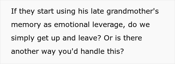 Text from the article questioning whether to leave a meeting if emotional leverage is used regarding the childfree wedding. Text from the article questioning whether to leave a meeting if emotional leverage is used regarding the childfree wedding.