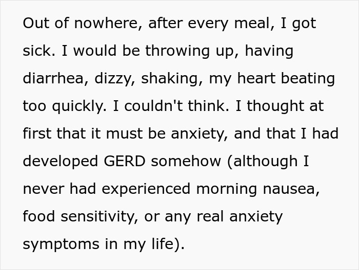 Text describing a woman's sickness after meals, including throwing up and dizziness, hinting at food tampering. Text describing a woman's sickness after meals, including throwing up and dizziness, hinting at food tampering.