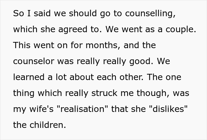 Wife's realization she dislikes the children after husband pressured her to have children.