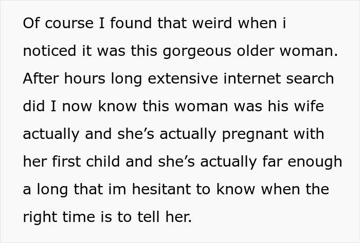 Text where a 25YO woman discovers her 39YO BF is a cheater and that his wife is pregnant, worrying about telling her.