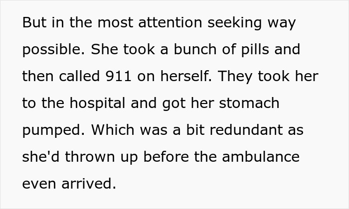 Entitled man's proposal plans lead to grandma's attention-seeking stunt, taking pills and calling 911.