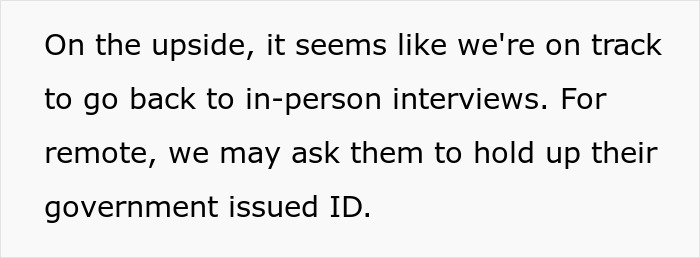 A screenshot of text about in-person interviews and ID checks, a response to a software engineer hiring scam.