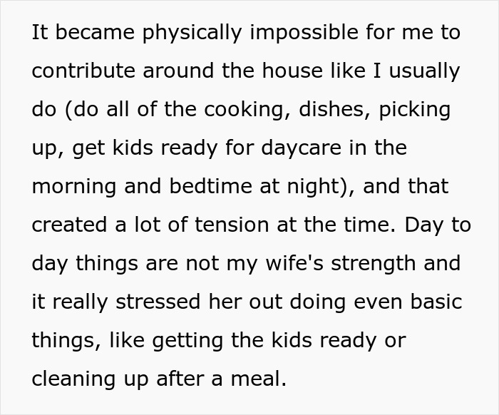 A man with cancer struggling to contribute at home while his postpartum wife expects him to slog.