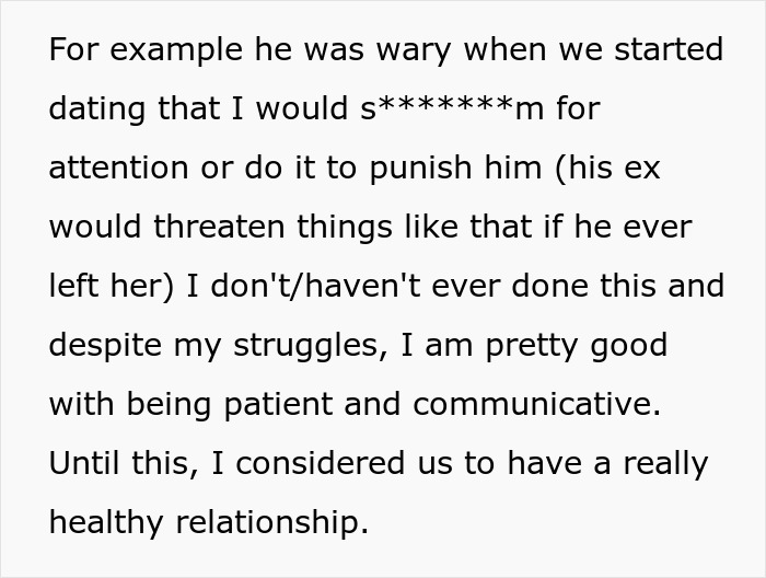 Screenshot of text where the girlfriend describes her patient and communicative nature, despite the boyfriend's cruel prank. Screenshot of text where the girlfriend describes her patient and communicative nature, despite the boyfriend's cruel prank.