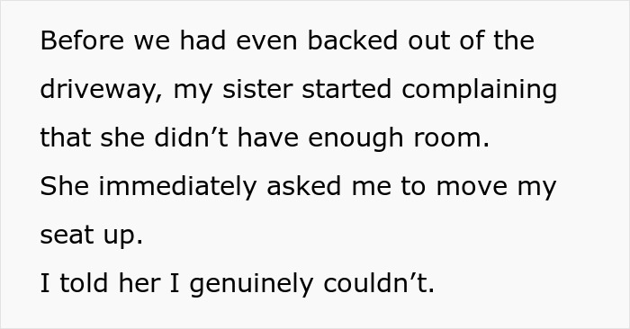 A screenshot from a story about a woman turning her car around mid-trip due to sister's unexpected reaction and family drama, showing text about sister complaining about lack of room. A screenshot from a story about a woman turning her car around mid-trip due to sister's unexpected reaction and family drama, showing text about sister complaining about lack of room.