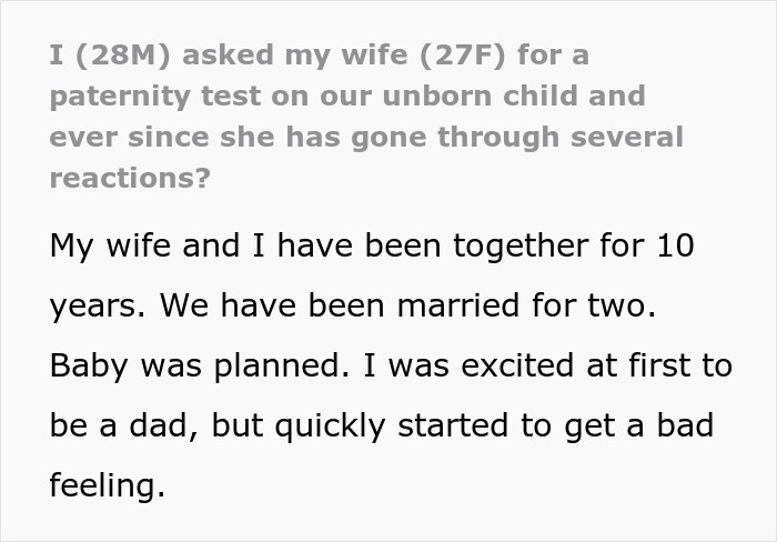 Screenshot of text asking, I (28M) asked my wife (27F) for a paternity test. This is about a guy seeing something suspicious on his wife's phone.