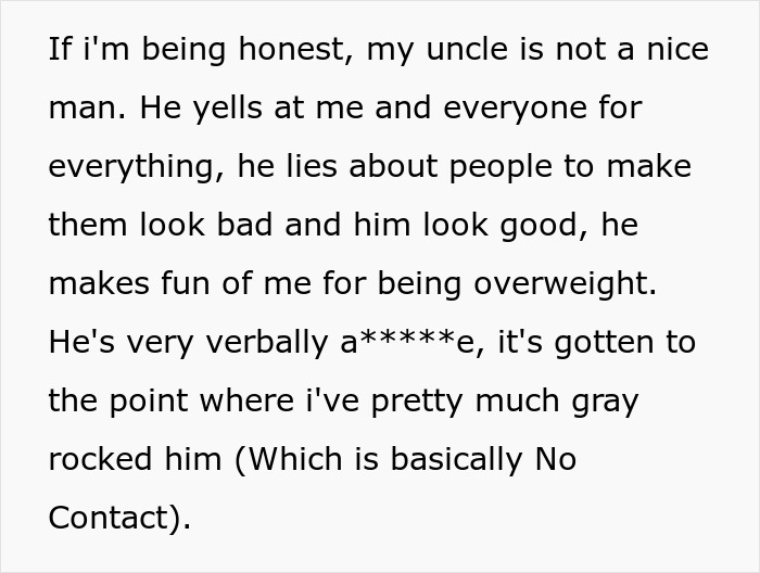 Screenshot of text detailing the toxic uncle's a*****e behavior, including yelling and verbal a***e.