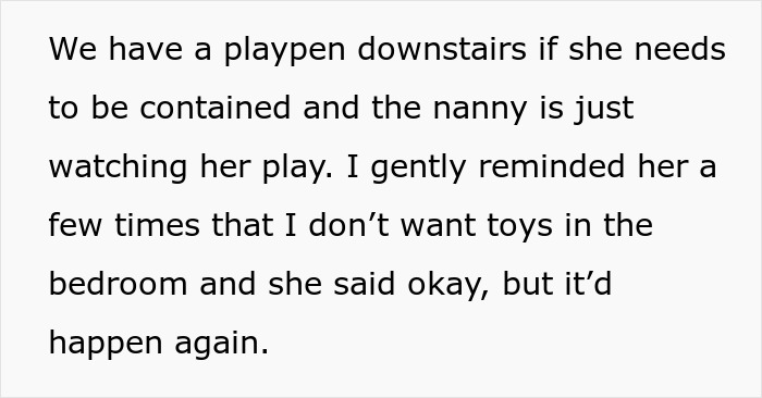 A screenshot showing text about a mom reminding her nanny about boundaries with toys in the bedroom.