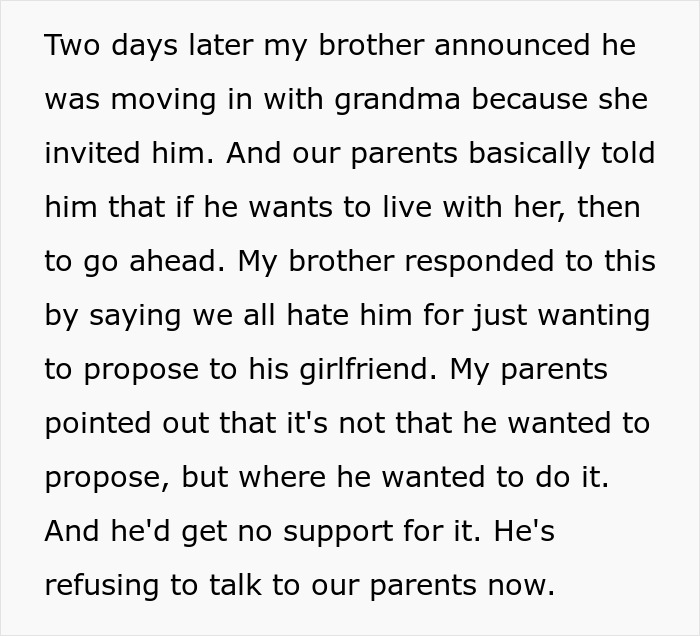 Text detailing an entitled man wanting to propose at his brother's wedding.