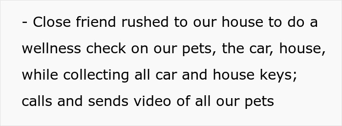 A close friend performing a wellness check on pets, car, and house, collecting keys after the house sitter incident.