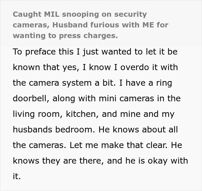Screenshot of text about a mother-in-law caught snooping on security cameras, leading to conflict about grandbabies.