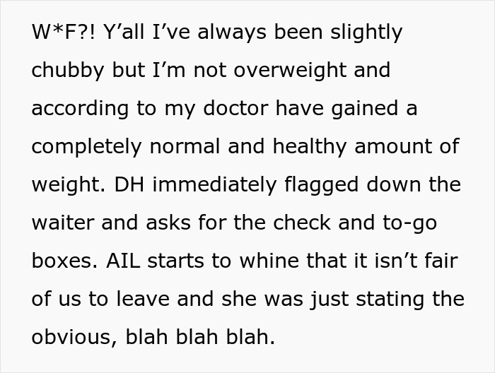 Screenshot of text: Pregnant wife responds to aunt's family dinner insult about her weight, asserting it's normal.