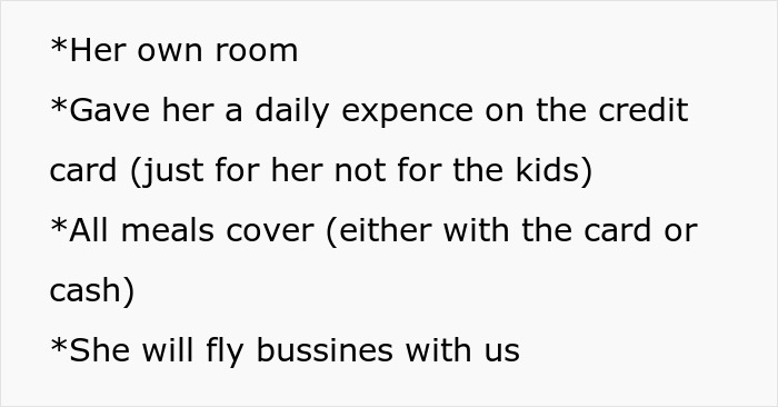 Text listing considerations for a nanny on family vacation, including her own room and expenses.