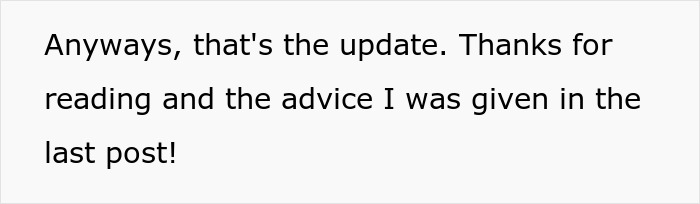 Text providing an update on a woman's scary fixation over a groom, thanking readers for advice.