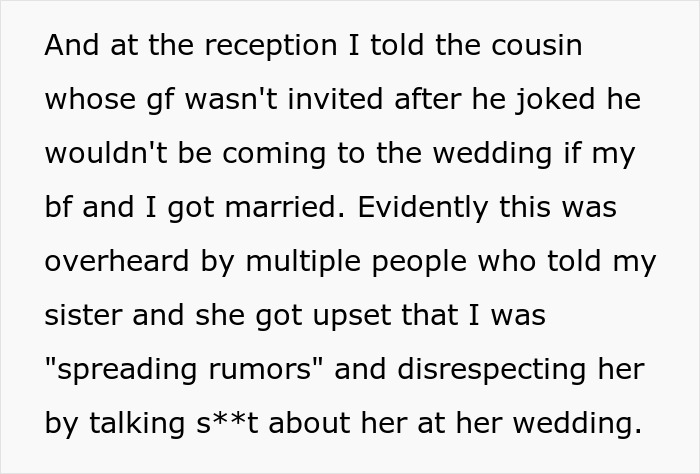 Bride accuses bridesmaid of spreading rumors after overhearing comments about the wedding guest list.