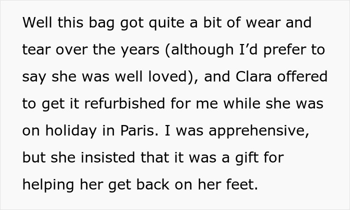 Screenshot of a Reddit post detailing a friend offering to refurbish a woman's designer bag. Screenshot of a Reddit post detailing a friend offering to refurbish a woman's designer bag.