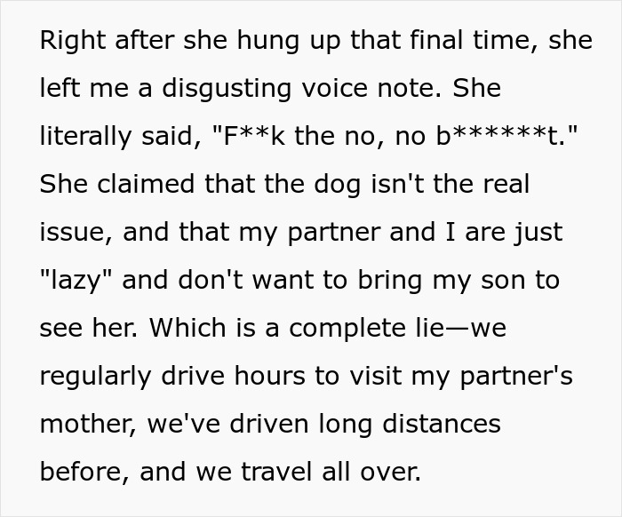 Image of text about a delusional mom's vulgar voice note, falsely claiming laziness about the dog, and not the dog as the issue. Image of text about a delusional mom's vulgar voice note, falsely claiming laziness about the dog, and not the dog as the issue.