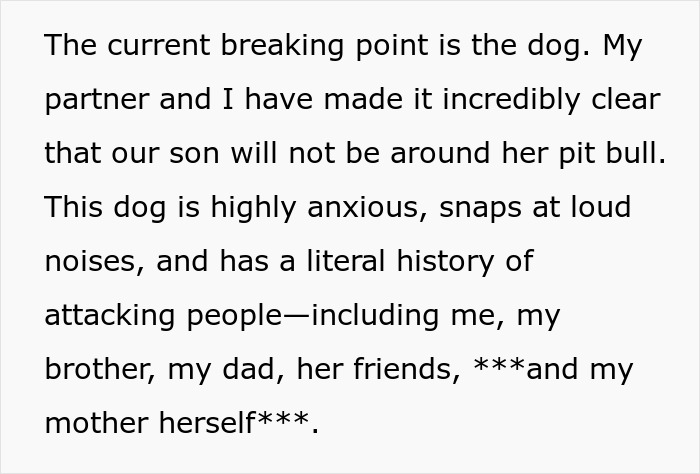 Text snippet: Delusional mom's pit bull has a history of attacking people, making the daughter feel unsafe around her dog. Text snippet: Delusional mom's pit bull has a history of attacking people, making the daughter feel unsafe around her dog.
