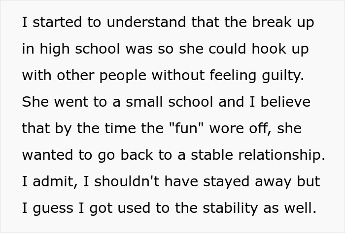 A paragraph explaining the cheating ex's motivations for their breakup and desire for a stable relationship.