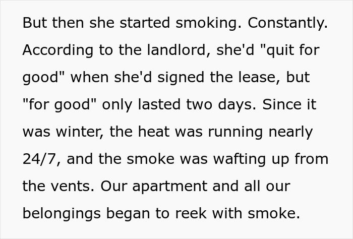 Text describing a woman dealing with her nightmare neighbor who smokes constantly, filling the apartment with smoke.