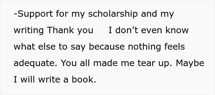 Teen expresses gratitude for scholarship and writing support, considering writing a book about her own body journey. Teen expresses gratitude for scholarship and writing support, considering writing a book about her own body journey.