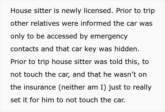 Text explaining house sitter instructions not to use the car, despite trusting them.