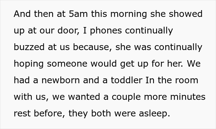 Text explaining MIL demanding a four-hour ride before sunrise, disturbing a family with a newborn and toddler. Text explaining MIL demanding a four-hour ride before sunrise, disturbing a family with a newborn and toddler.