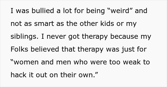 Text post explaining the man's past bullying and lack of therapy, contributing to his autism diagnosis. Text post explaining the man's past bullying and lack of therapy, contributing to his autism diagnosis.