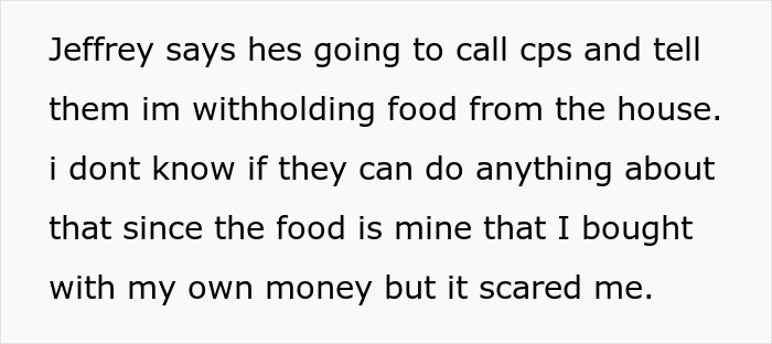 Text revealing Jeffrey's threat to call CPS over the locked fridge and food supplies.