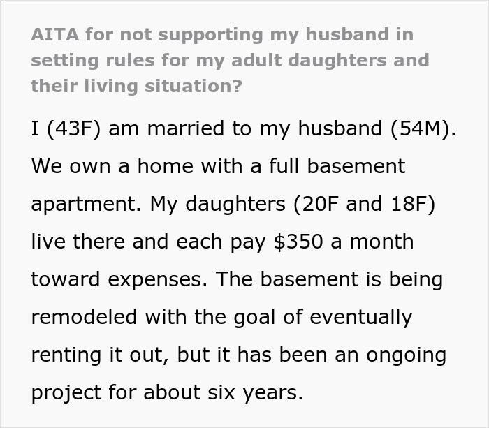 Screenshot of text discussing a woman's husband's plan to charge her daughter's boyfriend rent. Screenshot of text discussing a woman's husband's plan to charge her daughter's boyfriend rent.