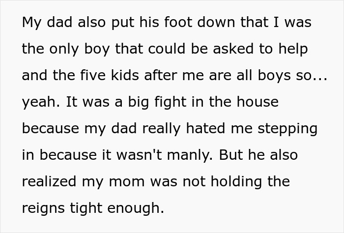 A screenshot of text explaining why a man's parents made him raise their kids, ruining his childhood. A screenshot of text explaining why a man's parents made him raise their kids, ruining his childhood.