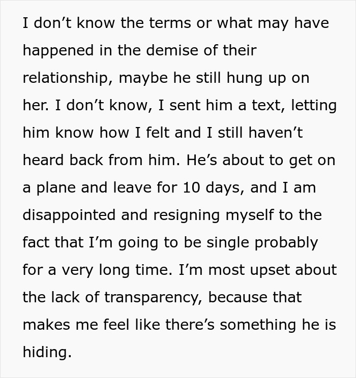 GF connects the dots about BF's 10-day trip. She is disappointed by his lack of transparency.