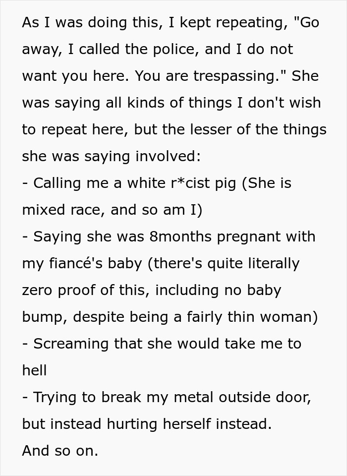 Text detailing a woman's scary fixation, including trespass, racial slurs, and claims of being pregnant with the groom's baby.