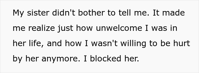 A text stating the sibling blocked the bride, realizing they were unwelcome after the service dog wedding ban.