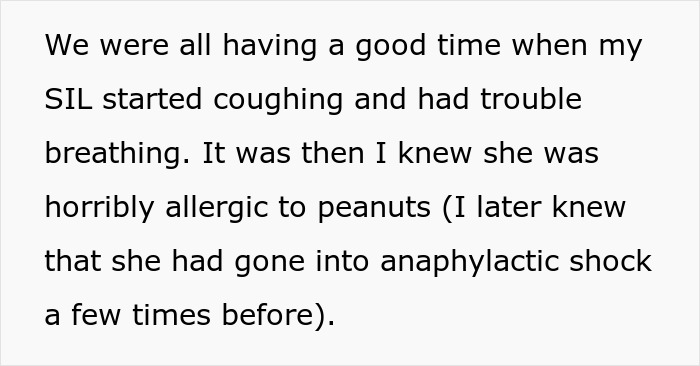 A screenshot revealing the sister-in-law's allergic reaction, coughing and trouble breathing, after being served peanuts. A screenshot revealing the sister-in-law's allergic reaction, coughing and trouble breathing, after being served peanuts.