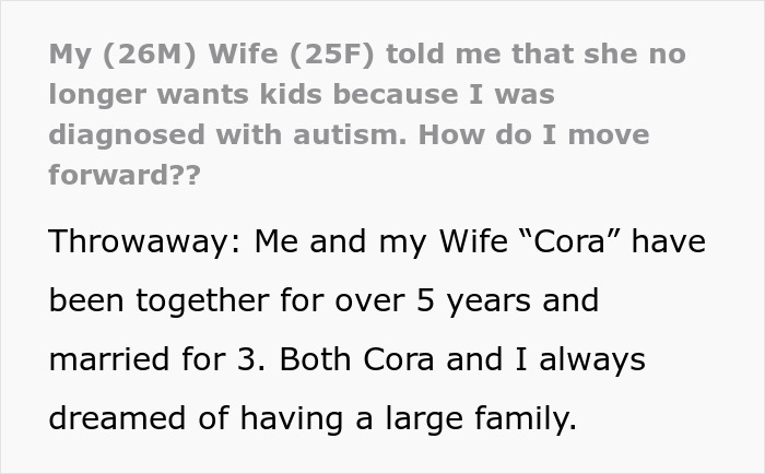 Text post about an autism diagnosis and a wife changing her mind about having kids. Text post about an autism diagnosis and a wife changing her mind about having kids.