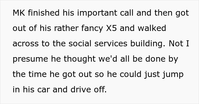 Annoying driver BMW parking war: MK, the annoying driver, gets out of his fancy X5 and walks toward a social services building.