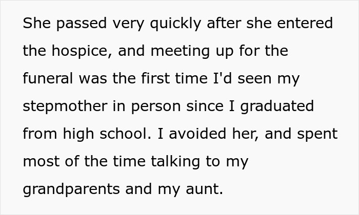 Text describing the great-grandma's quick passing and the family reunion at her funeral. Text describing the great-grandma's quick passing and the family reunion at her funeral.