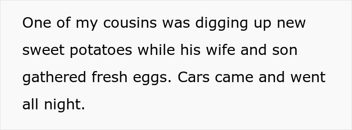 Wedding guests mobilize at 4 AM to save the day after the MIL sabotages the wedding. Cousins dig sweet potatoes and gather eggs. Wedding guests mobilize at 4 AM to save the day after the MIL sabotages the wedding. Cousins dig sweet potatoes and gather eggs.
