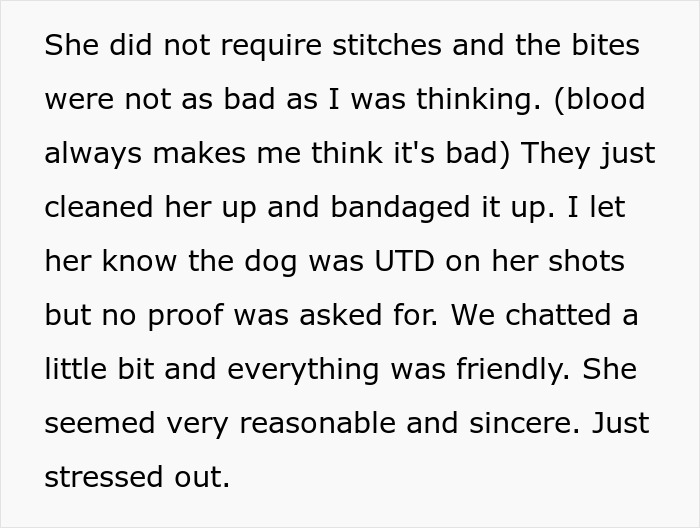 Text confirming dog bites were not severe, dog owner's worst nightmare resolution. Text confirming dog bites were not severe, dog owner's worst nightmare resolution.