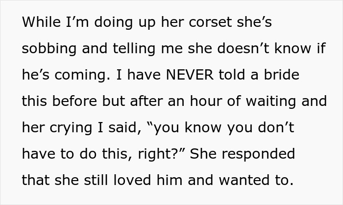 A wedding planner describing the bride's emotional distress and uncertainty before her big day. A wedding planner describing the bride's emotional distress and uncertainty before her big day.