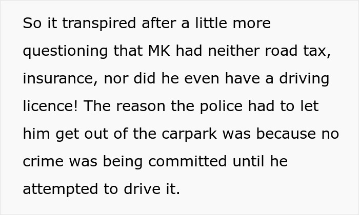 Text describing a driver's legal issues, leading to a parking war and his beloved BMW being taken away.