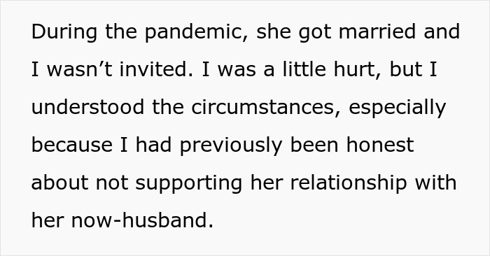 Screenshot of text describing how the influencer bestie got married during the pandemic and did not invite the bride. Screenshot of text describing how the influencer bestie got married during the pandemic and did not invite the bride.