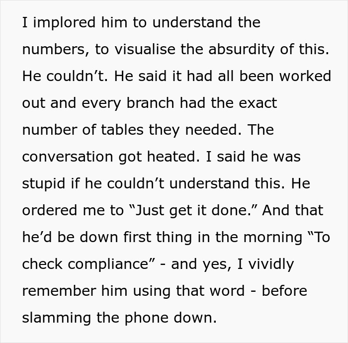 Text describing a heated conversation where a boss could not understand how his idea would prevent customers from entering the store. Text describing a heated conversation where a boss could not understand how his idea would prevent customers from entering the store.