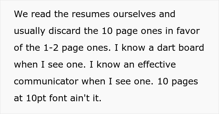 A software engineer describes resume screening preferences, favoring 1-2 page resumes over 10-page ones, to combat a hiring scam.